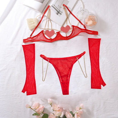 Red Sexy See-through Mesh Hollowed Out Heart Patch Metal Chain Bra Set