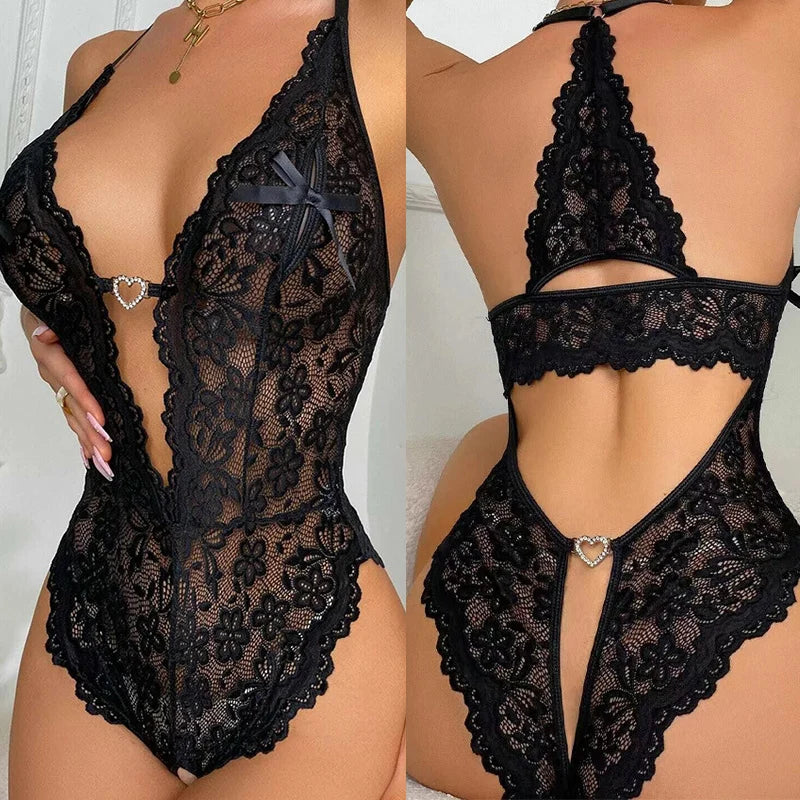 Hot Sexy Lingerie For Woman Lace Transparent Bra Perspective Crotchless Bodysuit