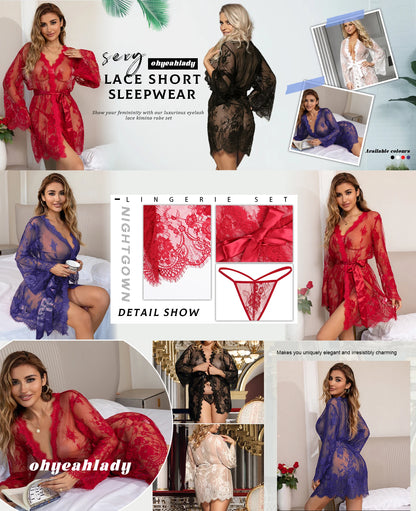 Ohyeahlady Women Eyelash Lace Nightgown Babydoll