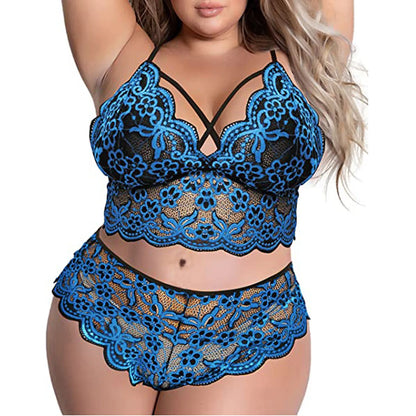 Plus Size Lace Embroidery Bra & Brief Set