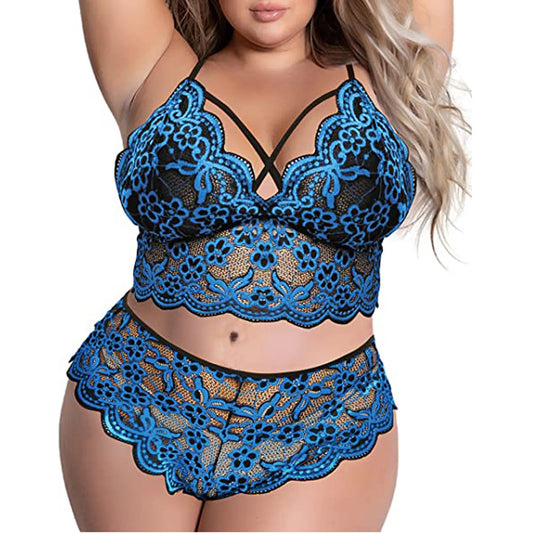 Plus Size Lace Embroidery Bra & Brief Set