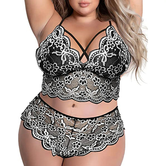 Plus Size Lace Embroidery Bra & Brief Set