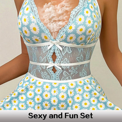 New Deep-V Seamless Floral Bodysuit Ruffled Sexy Lingerie