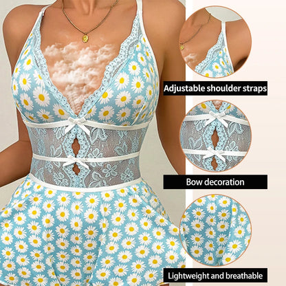 New Deep-V Seamless Floral Bodysuit Ruffled Sexy Lingerie
