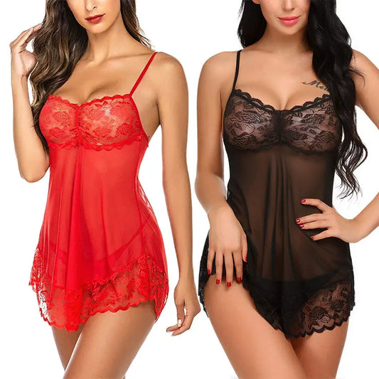 Erotic Transparent Lace Slip Dress+G String