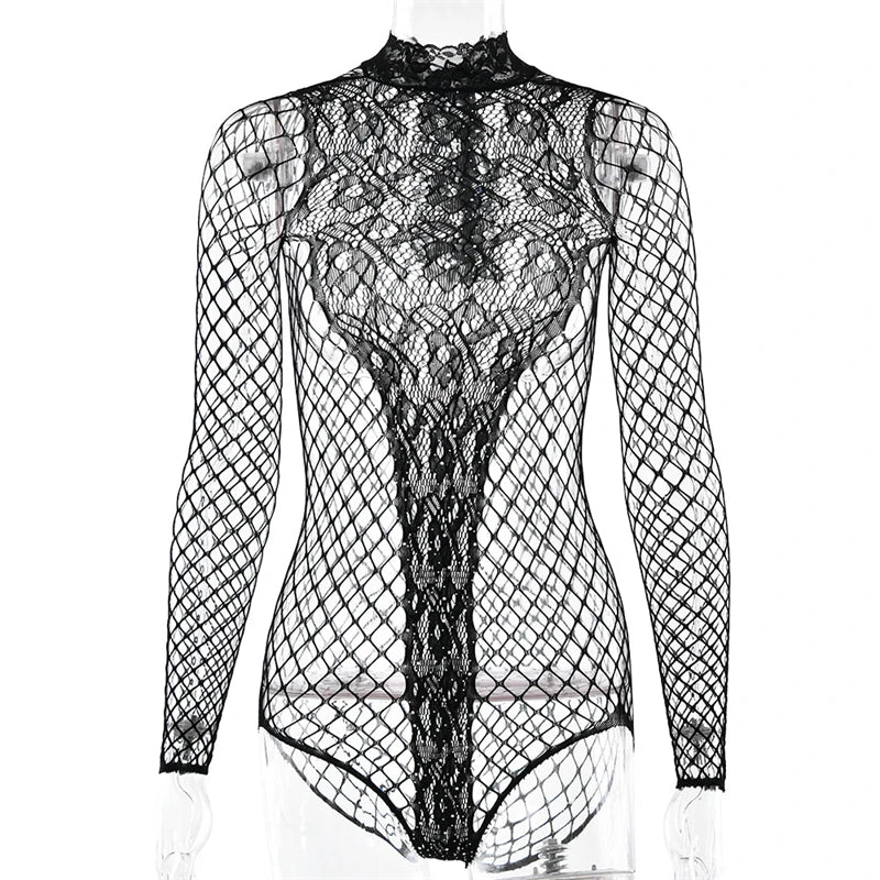 Women's Mesh Lingerie Rhinestone Body Long Sleeve Mesh Bodystockings