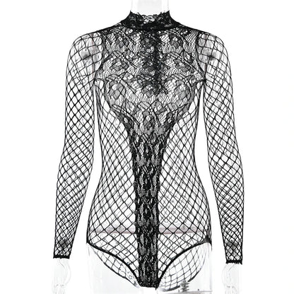 Women's Mesh Lingerie Rhinestone Body Long Sleeve Mesh Bodystockings