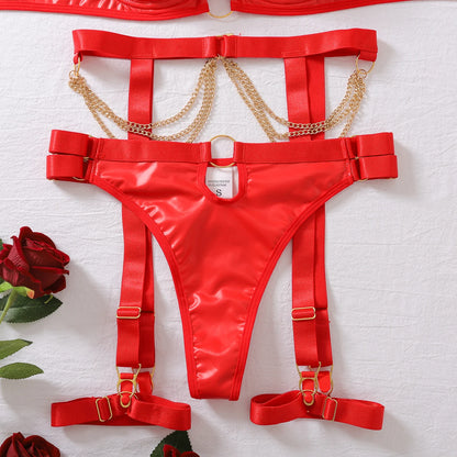 Nightclub Temptation Female Underwear Set with Belts and Straps Metal Chain