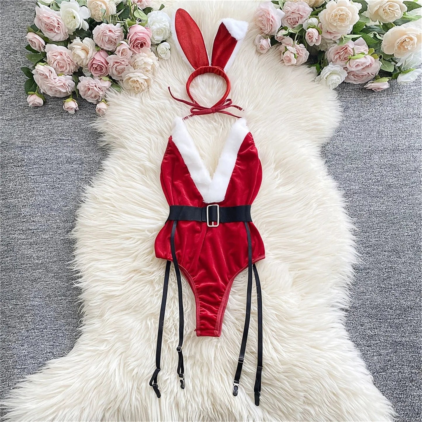 Women'S Christmas Sexy Bunny Red Bodysuit