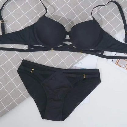 Sexy Lingerie Cross Bandage Push Up Smooth Bra Underwear Set