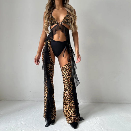 Hottie Backless Leopard Print Neck Lingerie Trousers