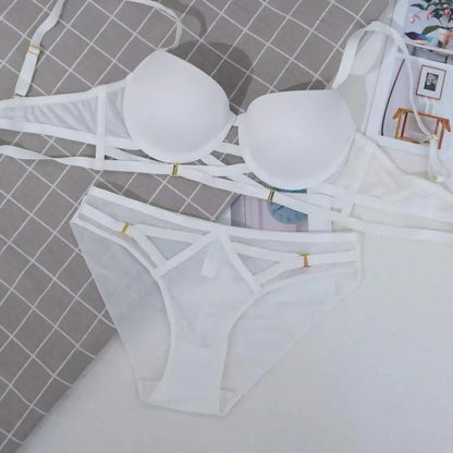 Sexy Lingerie Cross Bandage Push Up Smooth Bra Underwear Set