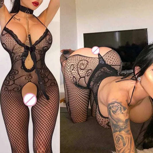 Hot Black Sexy Lingerie Crotchless Transparent Fishnet Women Bodystockings