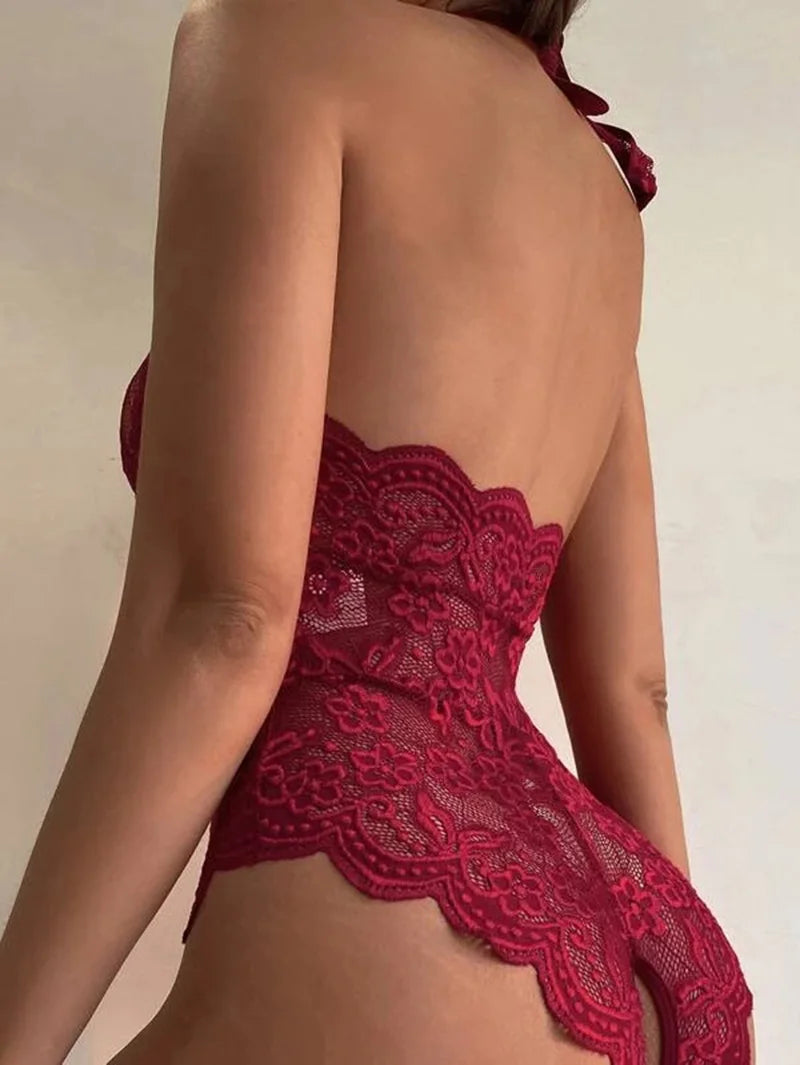 Hot Sexy Lingerie For Woman Lace Transparent Bra Perspective Crotchless Bodysuit