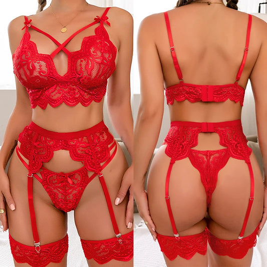 Lingerie 3-Pieces Set Deep V-Neck Bra And Panty With Garters