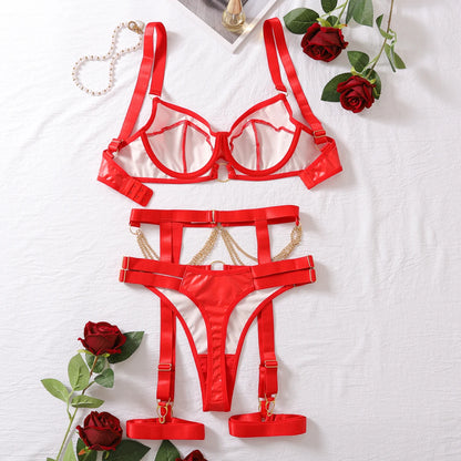 Nightclub Temptation Female Underwear Set with Belts and Straps Metal Chain