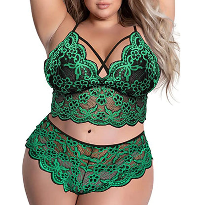Plus Size Lace Embroidery Bra & Brief Set