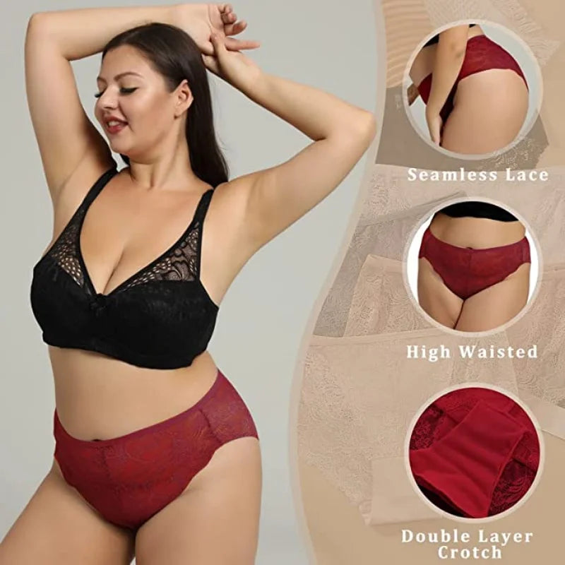 6/10PCS Plus Size Lace Cheeky Women Panties Floral