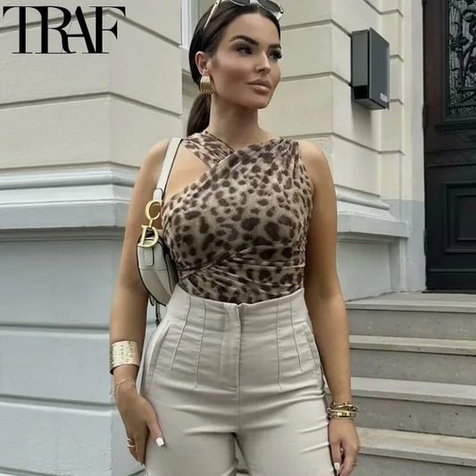 TRAF Asymmetric Leopard Tulle Bodys Woman Ruched Sleeveless