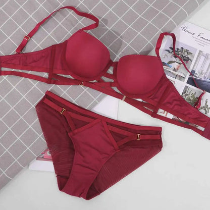 Sexy Lingerie Cross Bandage Push Up Smooth Bra Underwear Set