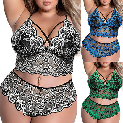 Plus Size Lace Embroidery Bra & Brief Set