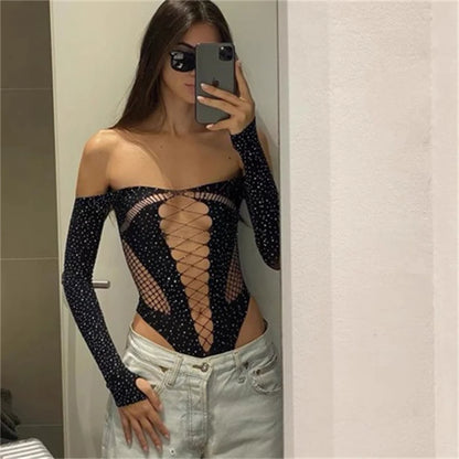 Women's Mesh Lingerie Rhinestone Body Long Sleeve Mesh Bodystockings