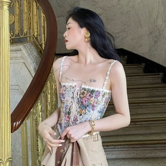 Women Elegant Designer French Vintage Print Halter
