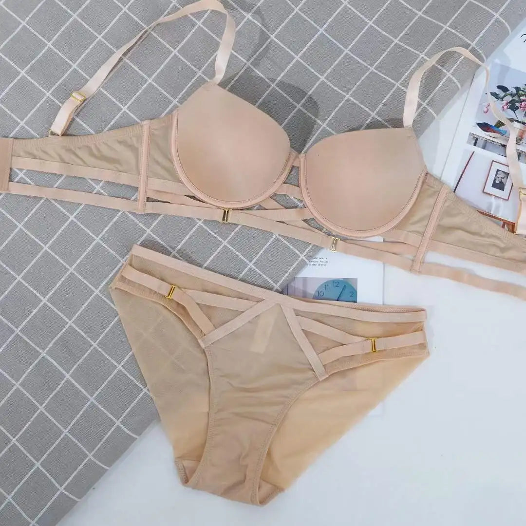 Sexy Lingerie Cross Bandage Push Up Smooth Bra Underwear Set