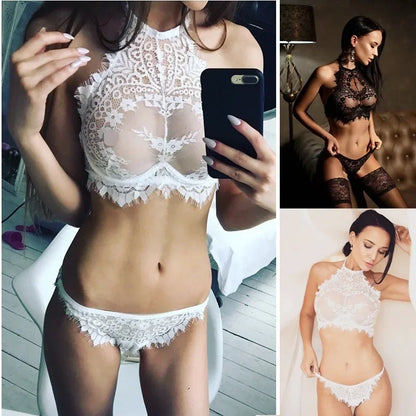 Sexy Lace Perspective Three-point Bra Set For Women Halter