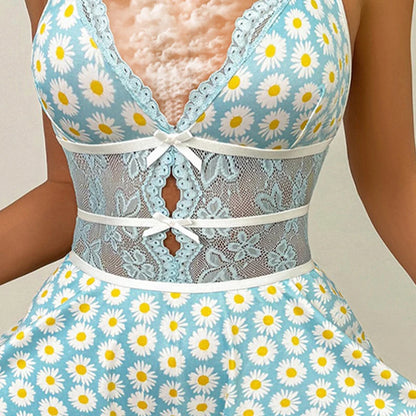 New Deep-V Seamless Floral Bodysuit Ruffled Sexy Lingerie