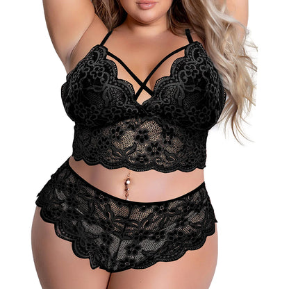 Plus Size Lace Embroidery Bra & Brief Set