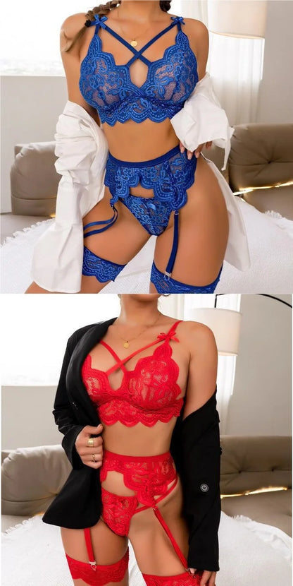 Sexy Ladies Lingerie Transparent Lace Multi-color Split Seduction Set