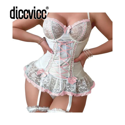 Diccvicc Sexy Lingerie Set Floral Embroidery Fine Lace Babaydoll Underwear