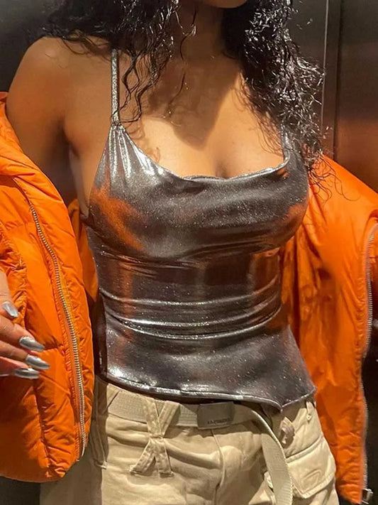 Solid Color Shiny Bodycon Sexy Style Vest Top